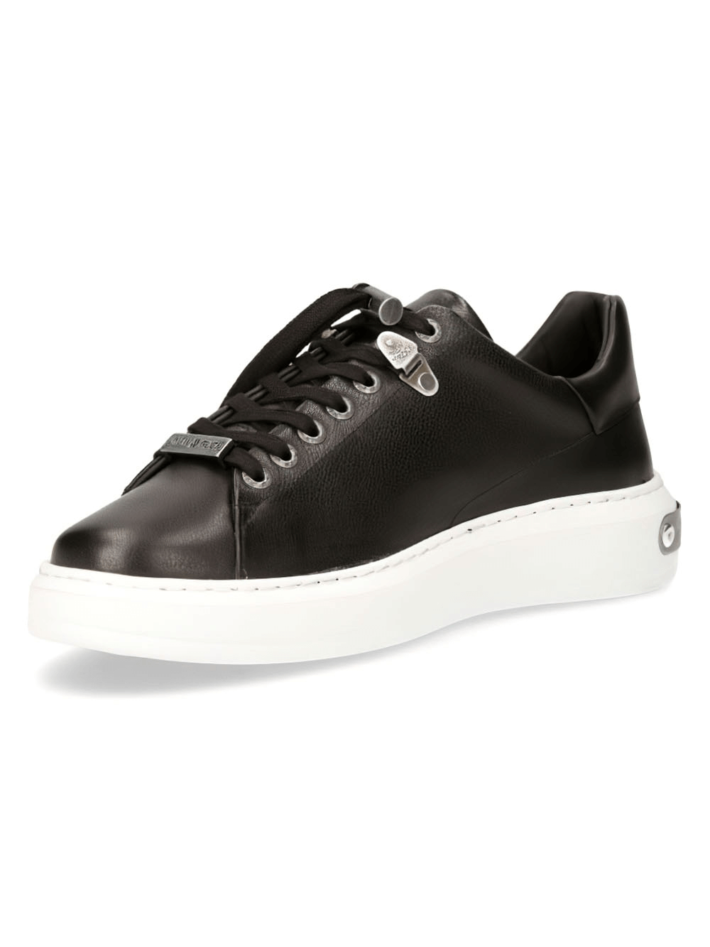Stylish women's black leather sneakers with white soles, perfect for urban adventures and sporty chic looks.