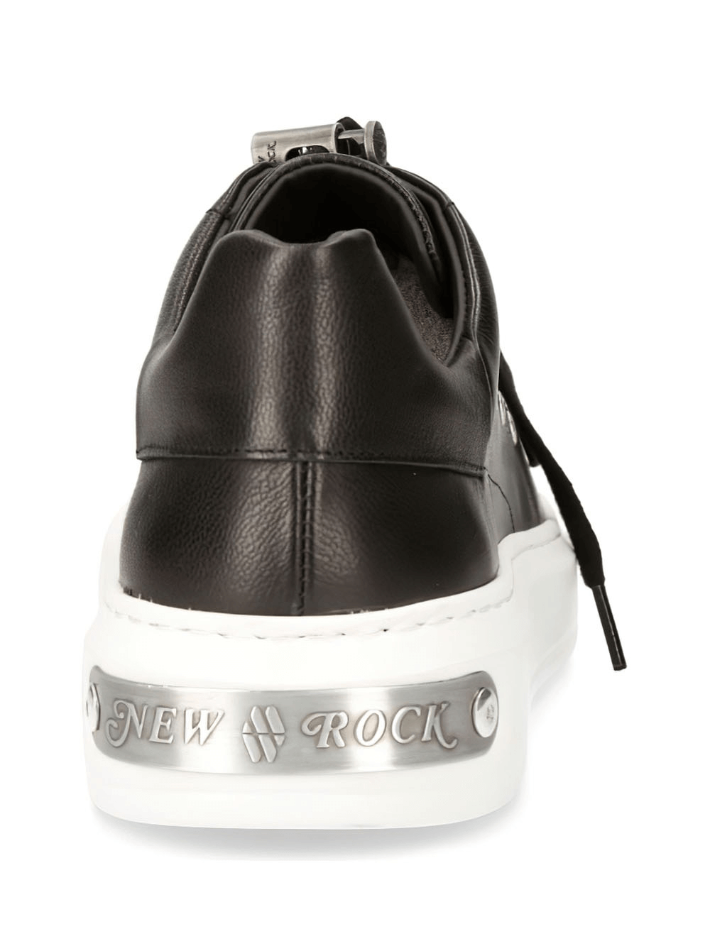 Stylish women's black leather sneakers from New Rock with white soles and lace-up design, showcasing a punk rock style.