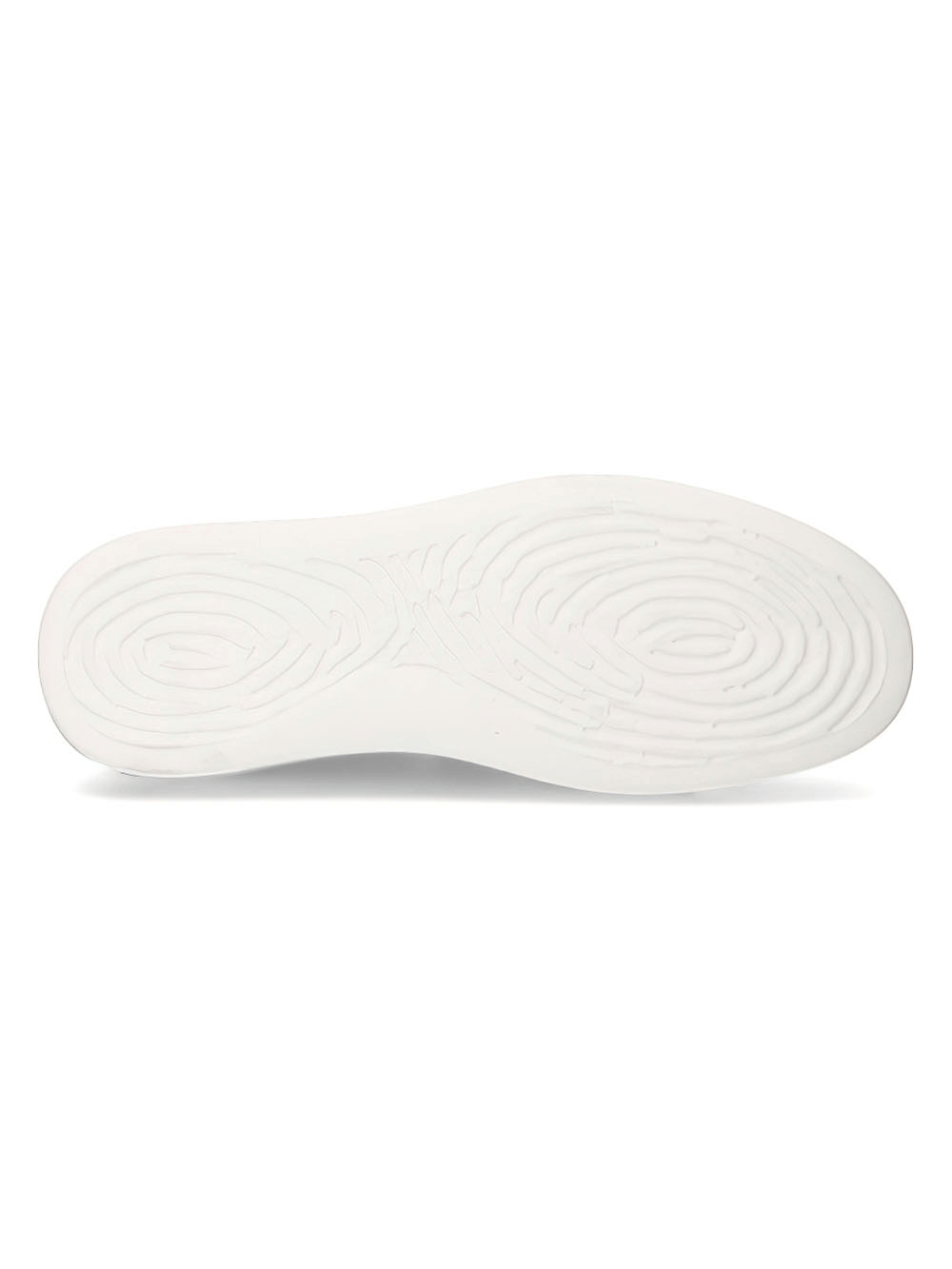 Bottom view of New Rock stylish women's black leather sneakers with trendy white soles and unique tread design.