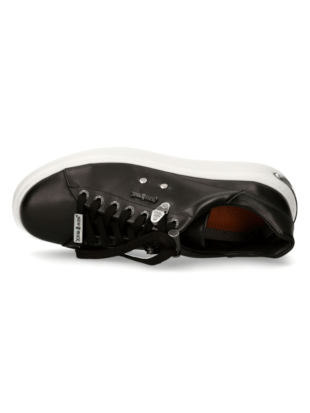 Top view of NEW ROCK stylish women's black leather sneakers with white soles and chic lace-up design.