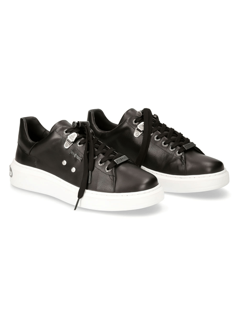 NEW ROCK Stylish Women's Black Leather Sneakers with lace-up design and white soles for an edgy urban look.