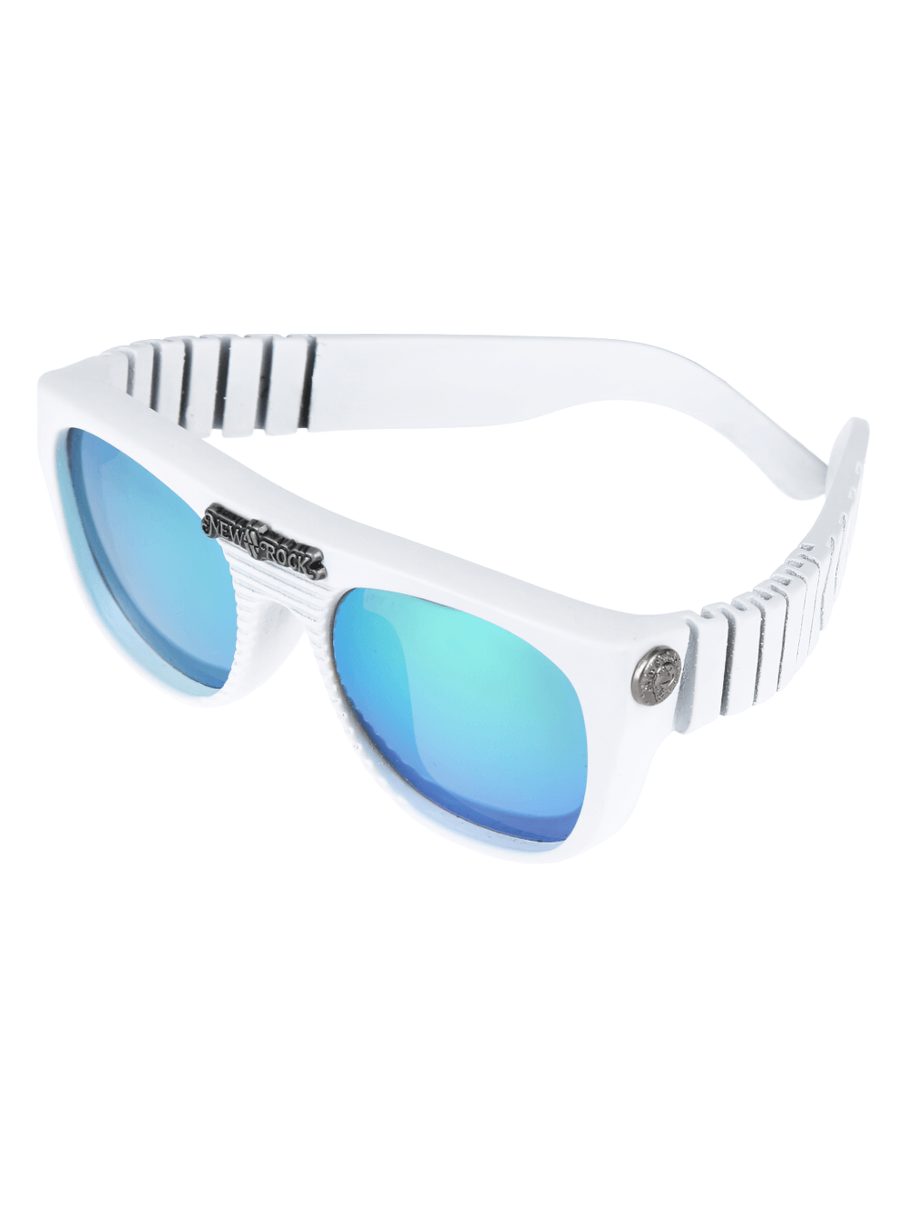 NEW ROCK sunglasses in white with mirror lenses and studded accents, perfect for punk style and UV protection.