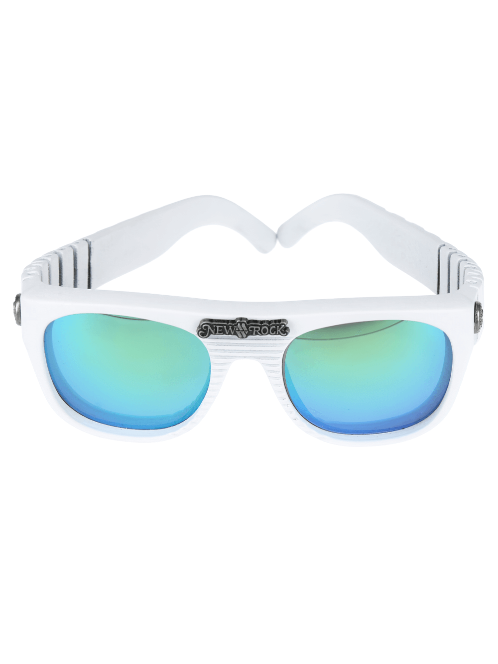 NEW ROCK white punk sunglasses with studded accents and vibrant mirror lenses, offering UV protection and edgy style.