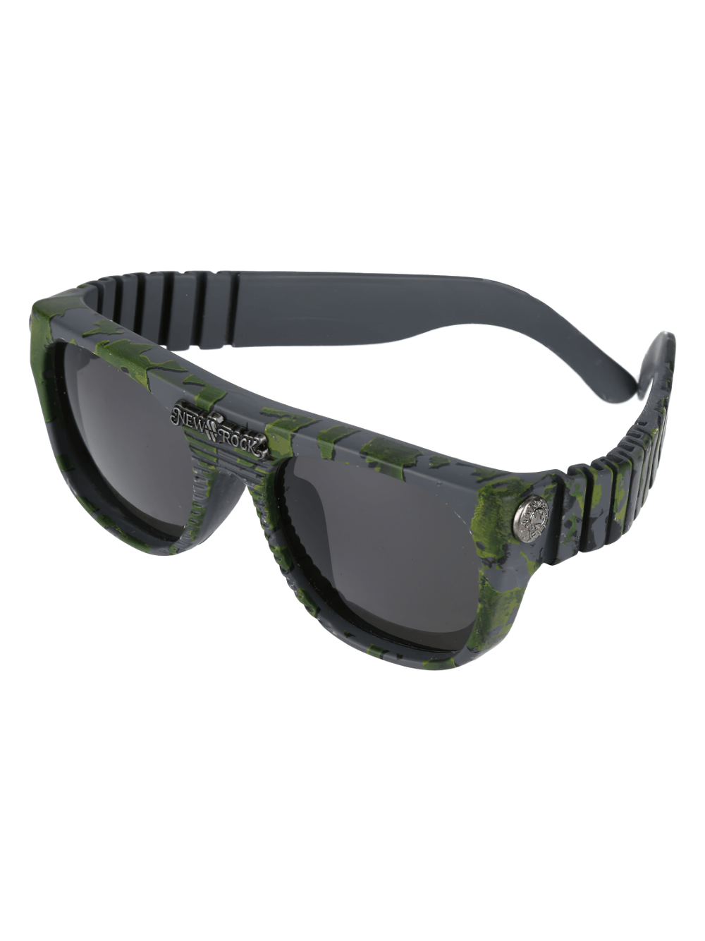 NEW ROCK sunglasses with textured camouflage frame and dark tinted lenses for edgy streetwear style.