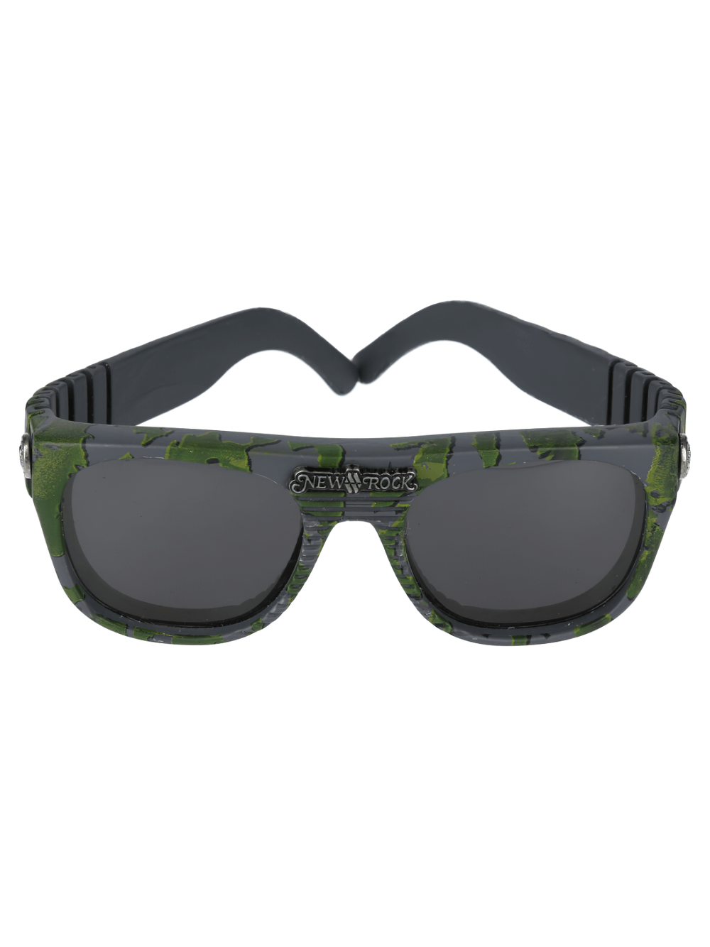 NEW ROCK camo sunglasses with textured frame and dark lenses for edgy streetwear style.