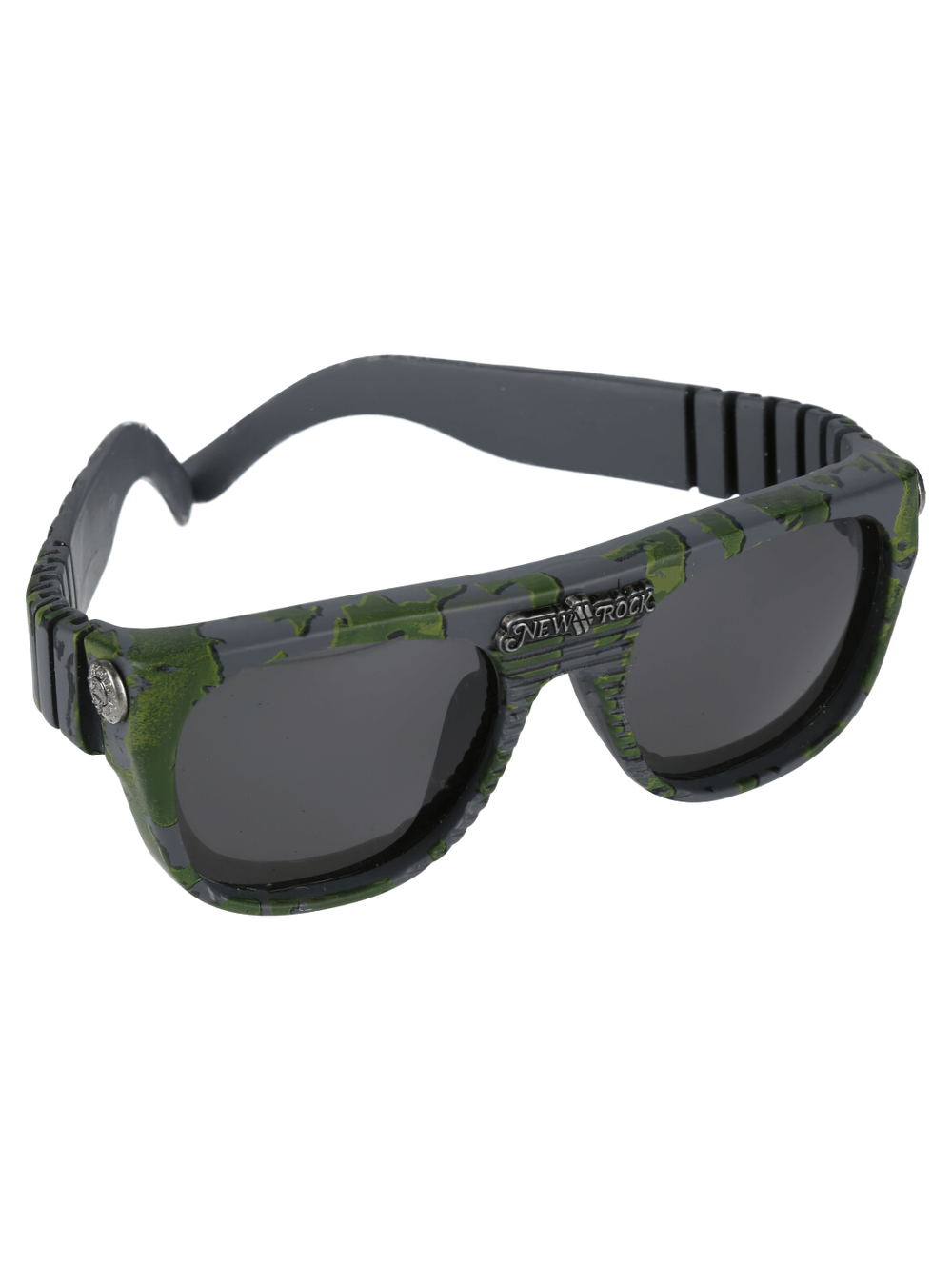 NEW ROCK camouflage sunglasses with rugged frame and dark tinted lenses for edgy streetwear style.