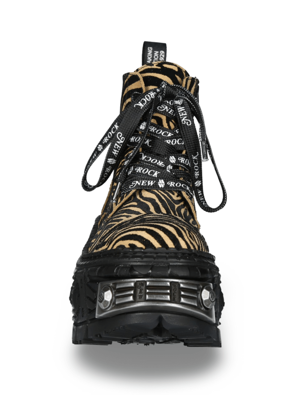 NEW ROCK tiger print ankle boots with rugged sole, featuring a stylish lace-up design for urban fashion lovers.