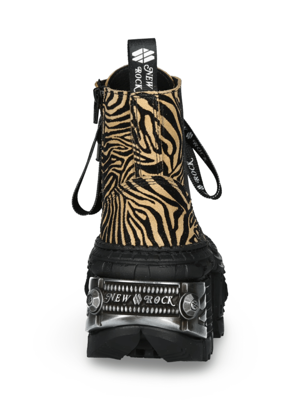 NEW ROCK Men's Tiger Print Ankle Boots showcasing a striking zebra design and rugged sole for urban adventures.