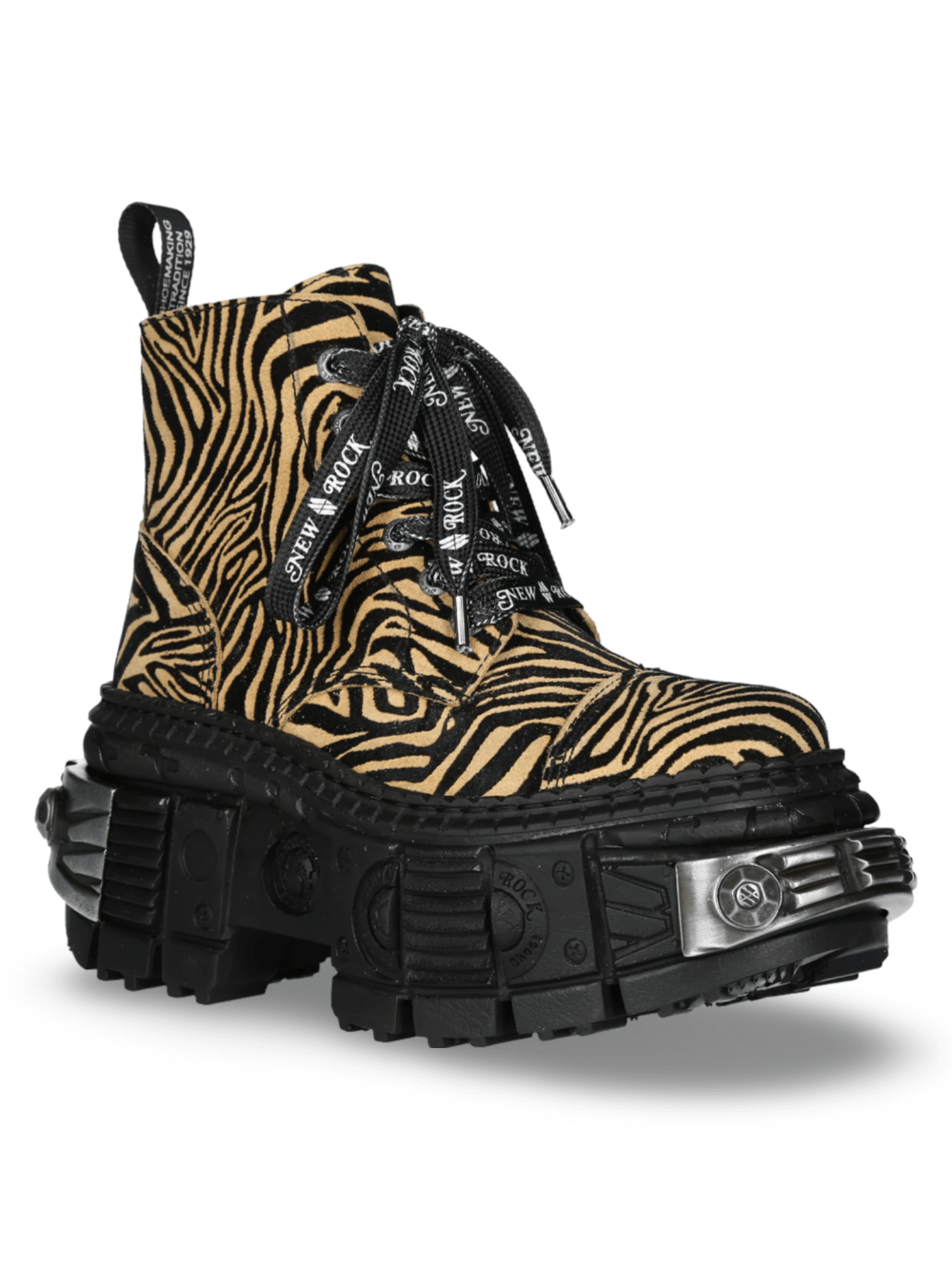 NEW ROCK Men's Tiger Print Ankle Boots with rugged sole and lace-up design in yellow and black stripes.