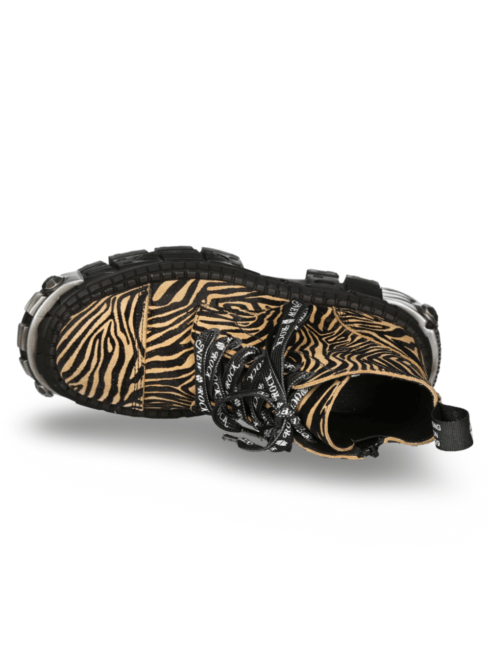NEW ROCK Tiger Print Ankle Boots with rugged sole, showcasing bold urban style and lace-up design.