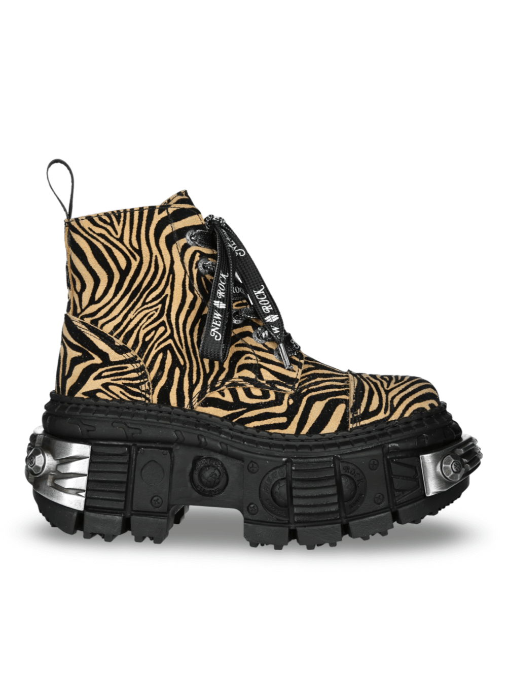NEW ROCK Men's Tiger Print Ankle Boots with Rugged Sole in vibrant yellow and black pattern.