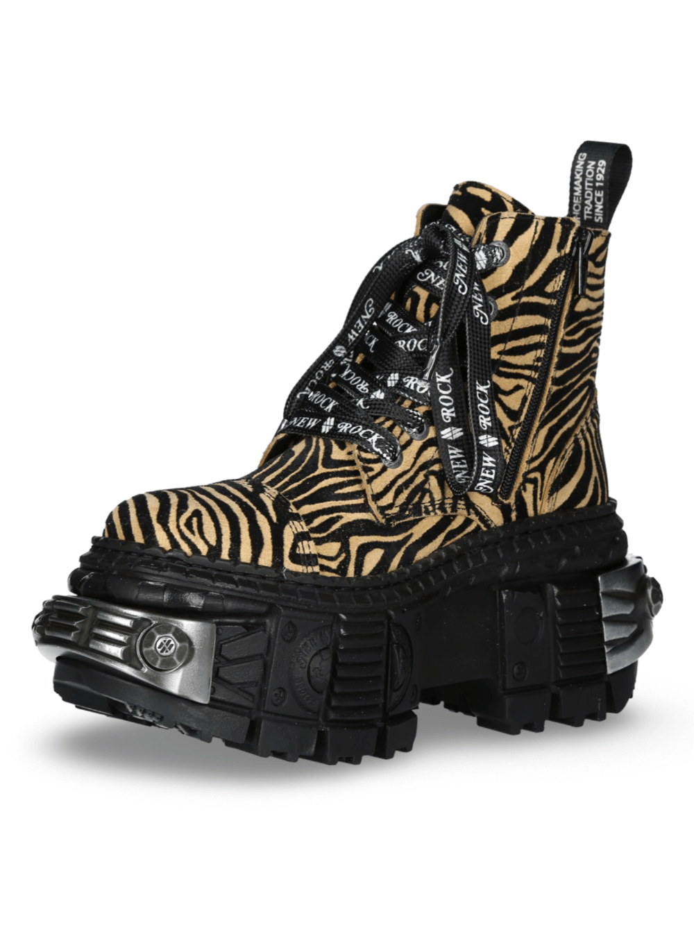 NEW ROCK Men's Tiger Print Ankle Boots with durable rugged sole and lace-up design for a bold fashion statement.