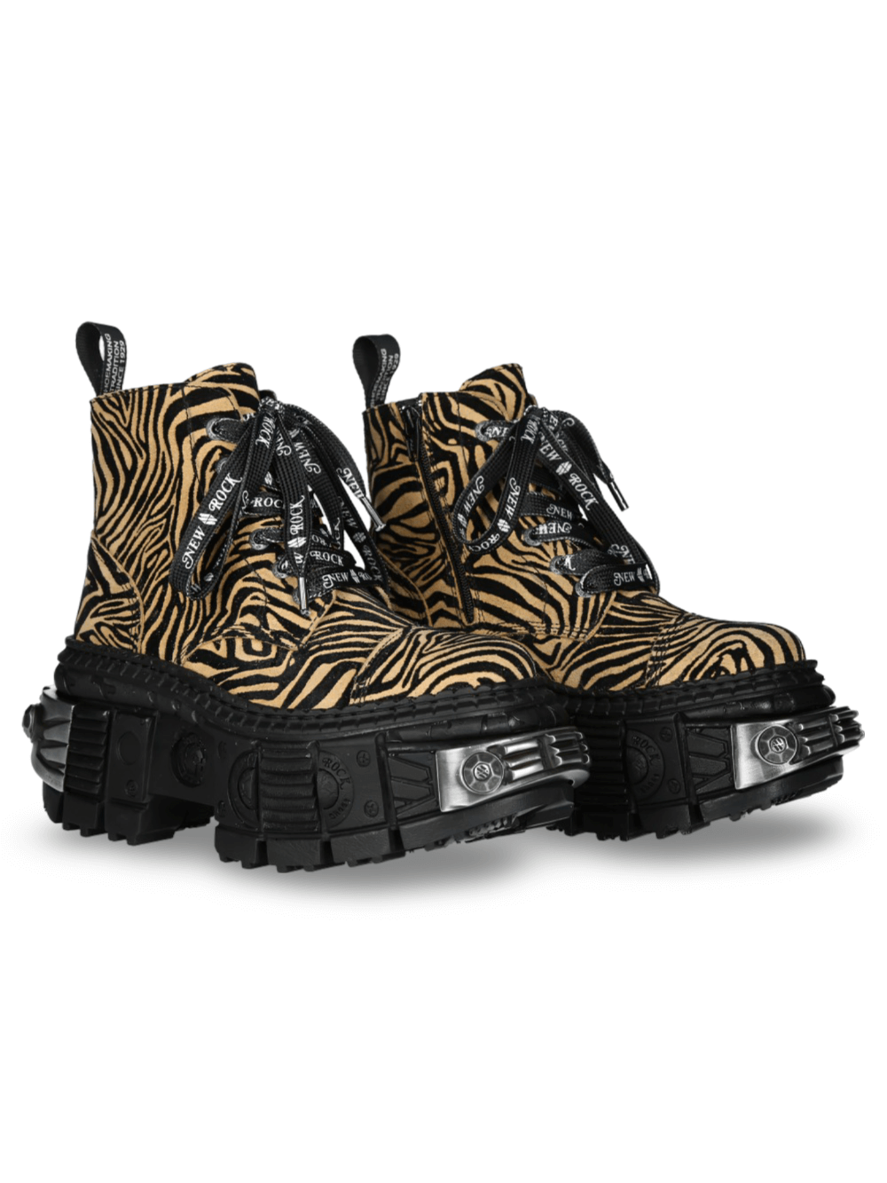 NEW ROCK Men's Tiger Print Ankle Boots featuring a bold yellow-black design and rugged PU-ultra sole for stylish comfort.