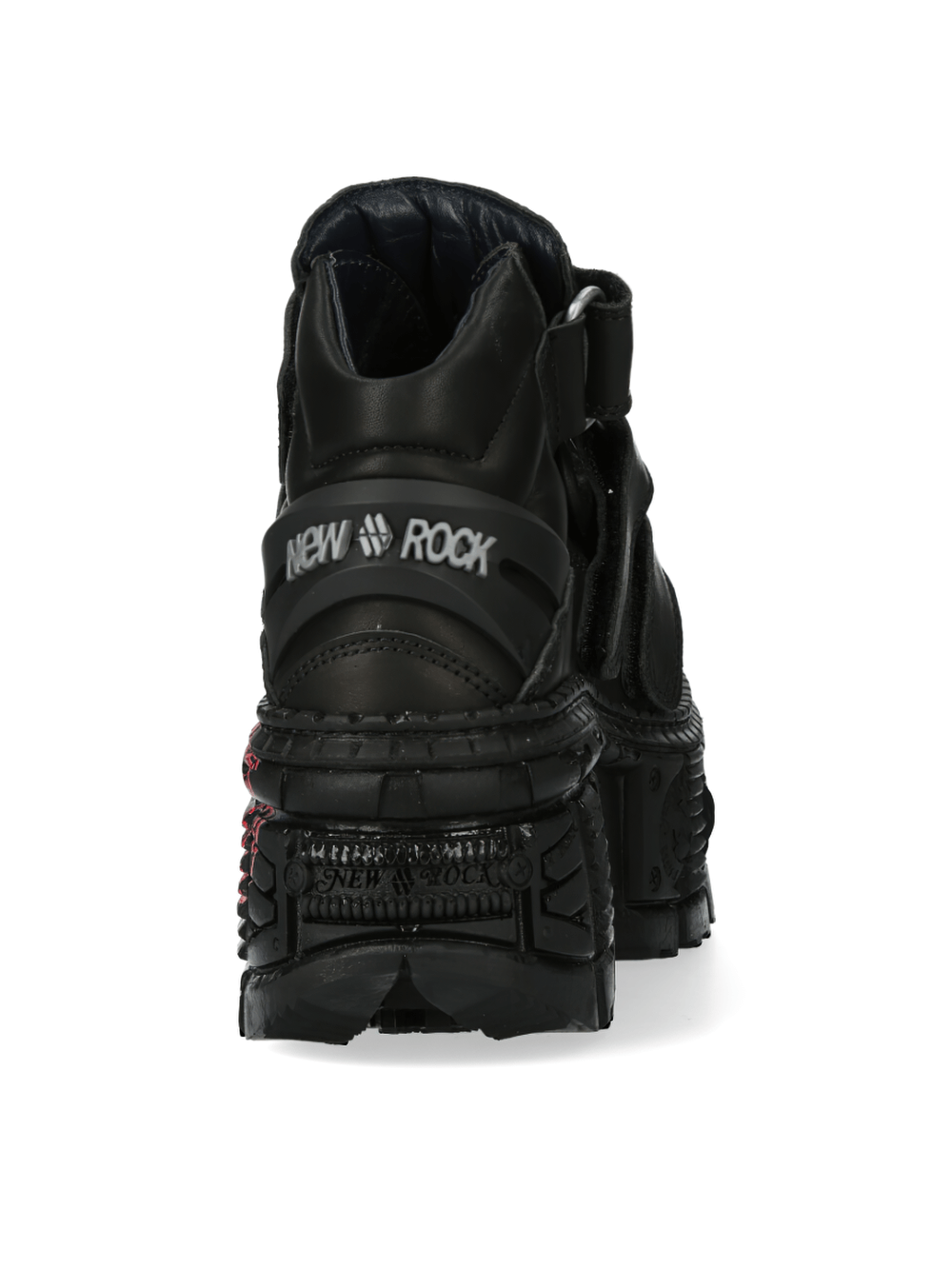Back view of NEW ROCK trendy black ankle boots featuring Velcro straps and rugged sole design.