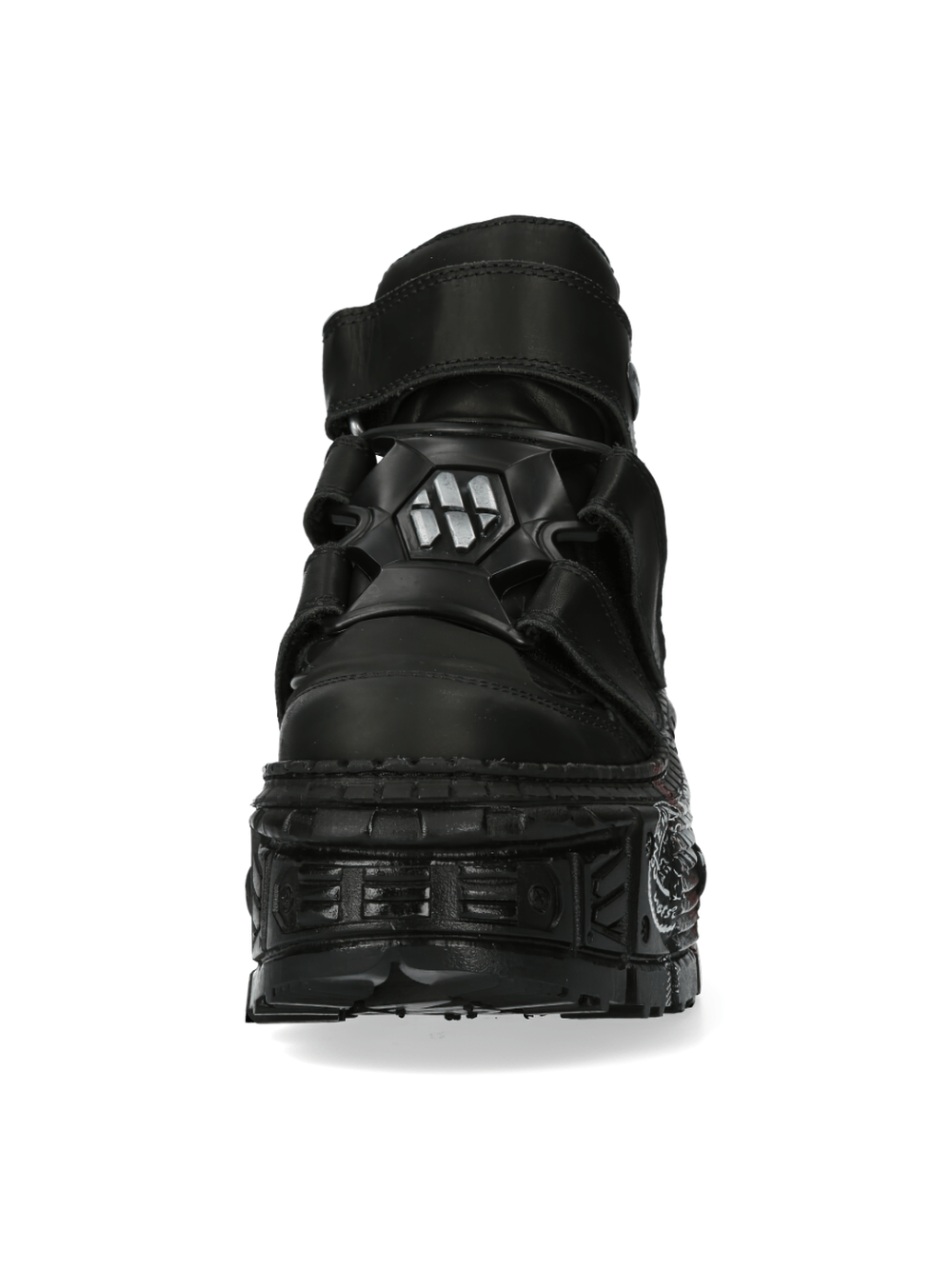 Back view of NEW ROCK Men’s Urban Black Strap Ankle Boots with Velcro and bold design, perfect for stylish men and women.