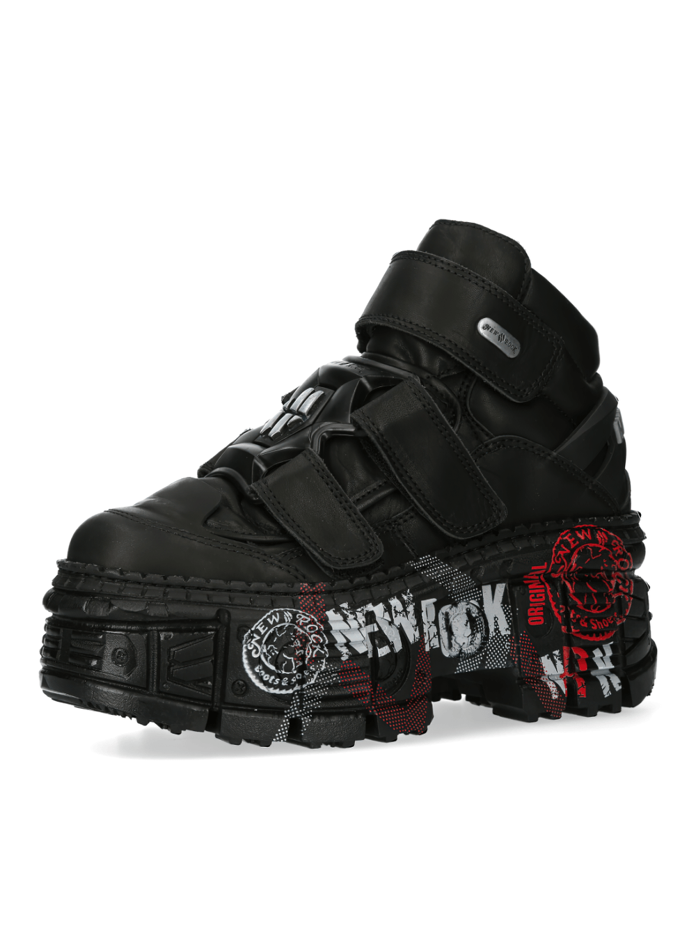 NEW ROCK Men's Black Strap Ankle Boots with Velcro and chunky sole, perfect for urban bold style.