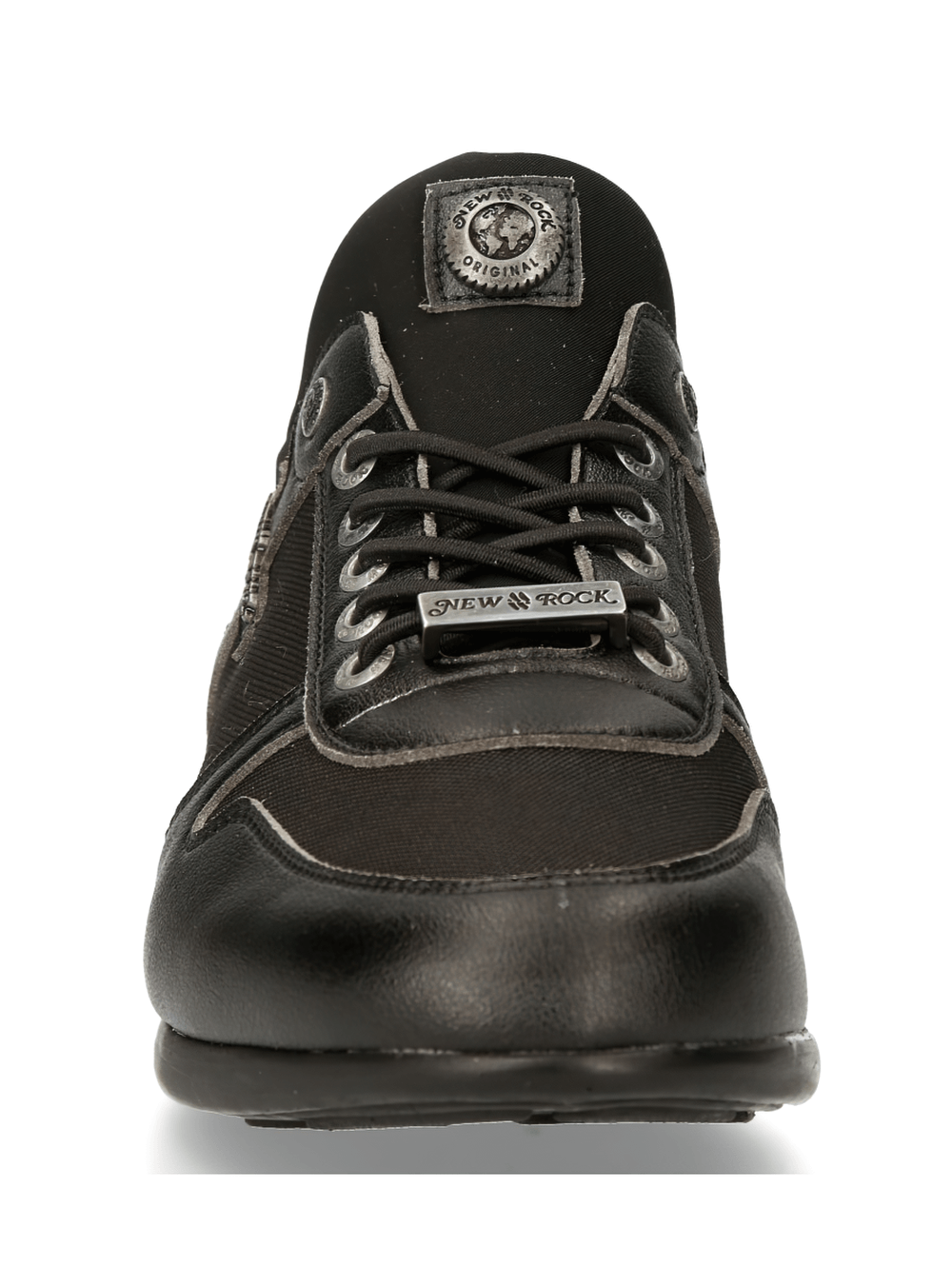 Front view of NEW ROCK black hybrid sneakers with laces, designed for urban style and athletic performance.