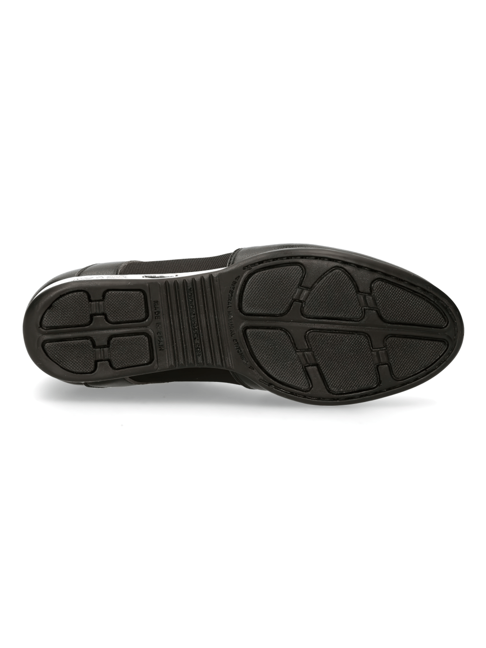 Bottom view of NEW ROCK black hybrid sneakers showcasing durable sole with grip and sporty design.