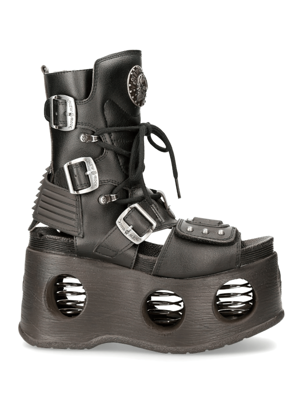 Unique black gothic punk boots with hollow platforms, lace-up design, zipper, and buckles for a bold statement.