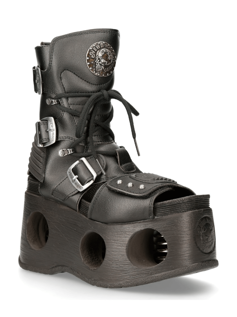 NEW ROCK Gothic punk boots with unique hollow platforms, lace-up design, zipper, and buckle details in black.