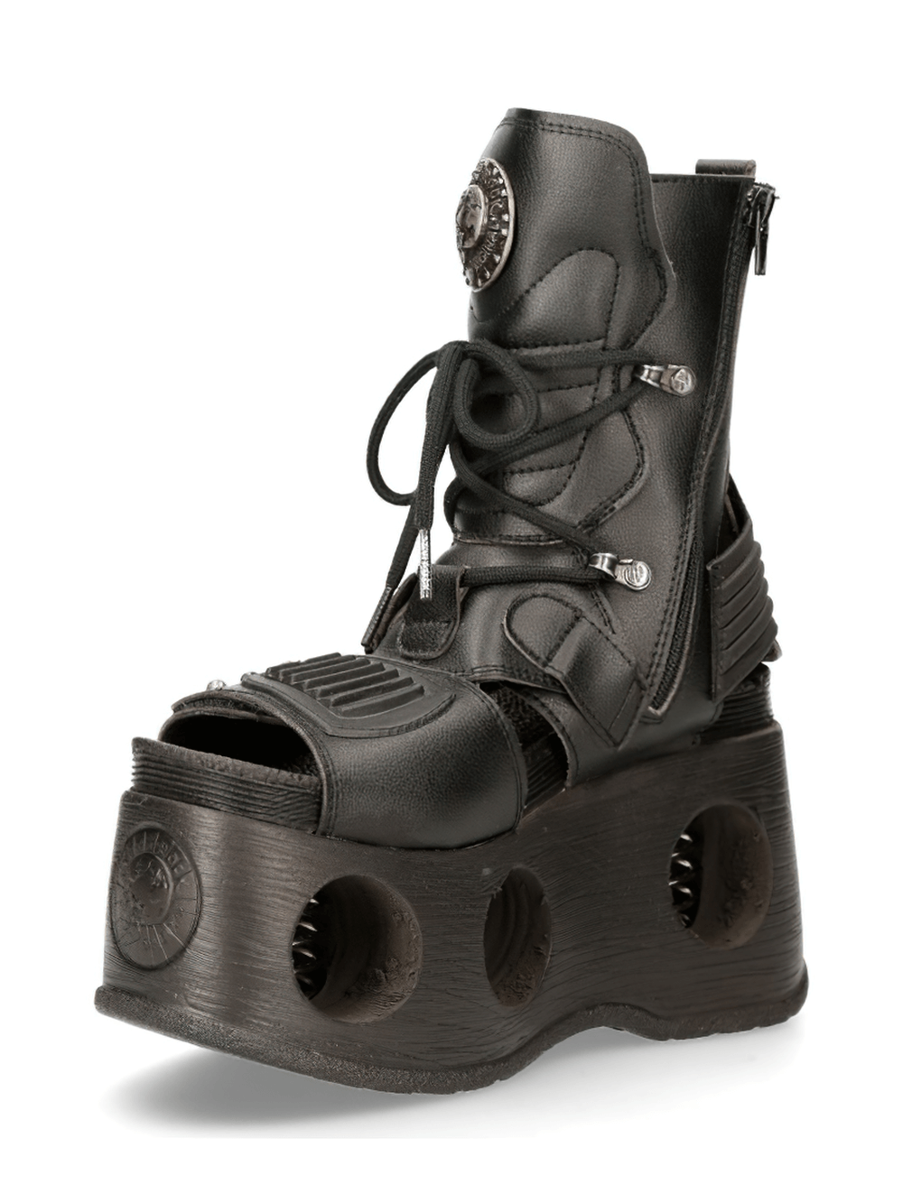 NEW ROCK Gothic Punk Boots with hollow platforms, lace-up design, zipper, and buckles for a bold, edgy look.