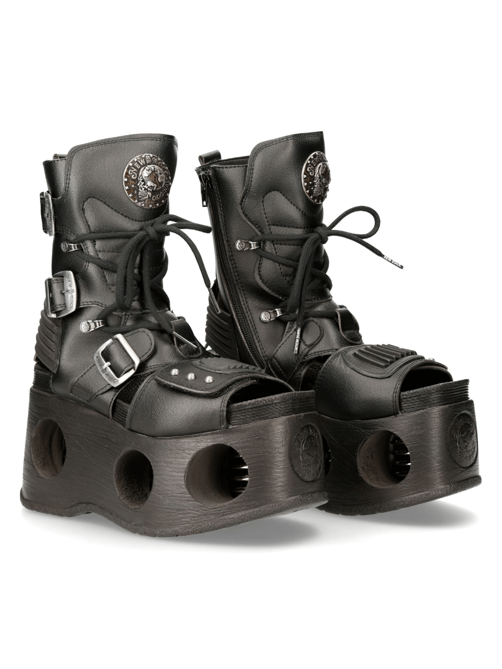 Black Gothic punk boots with hollow platforms, lace-up design, buckles, and zippers for a bold style statement.