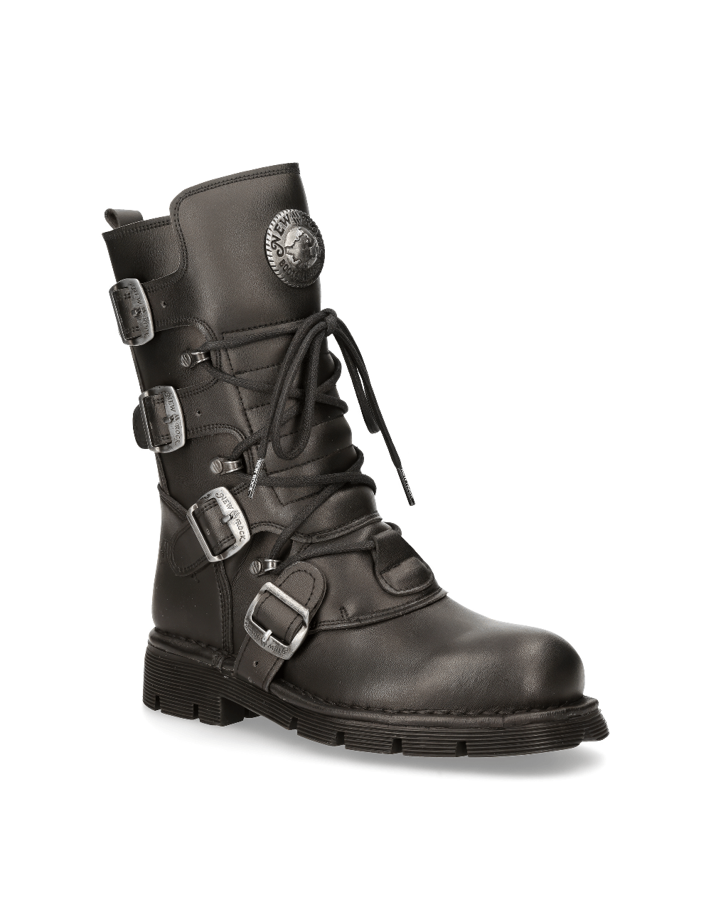 Men's black eco-vegan biker boots with buckle details and lace-up design for a stylish edge.
