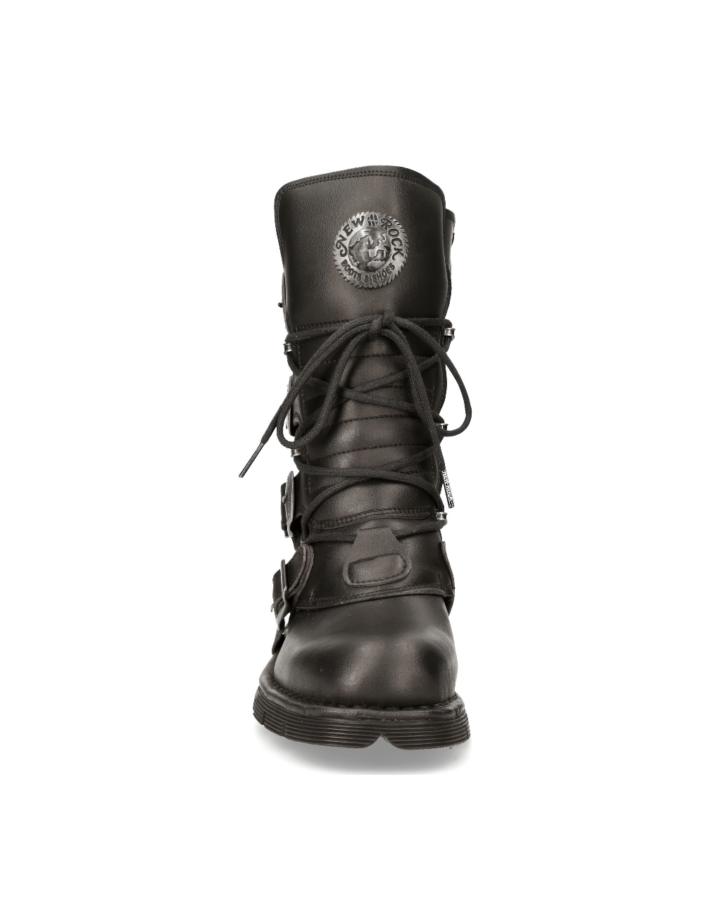 NEW ROCK Men's Black Eco-Vegan Lace-Up Biker Boots with Rubber Sole and Metallic Accents.