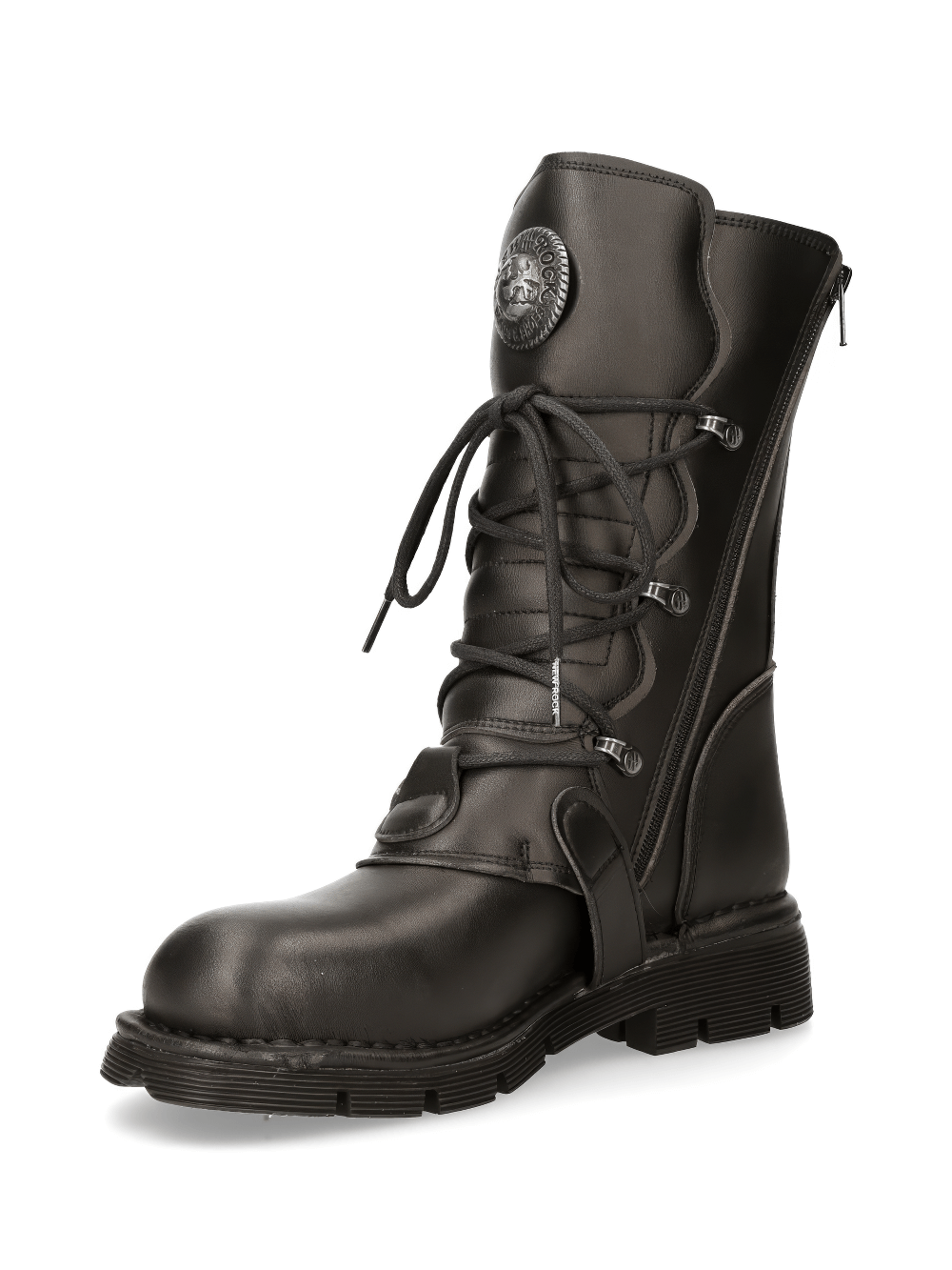 NEW ROCK Men's Eco-Vegan Black Biker Lace-Up Boots with Rubber Sole for urban style.