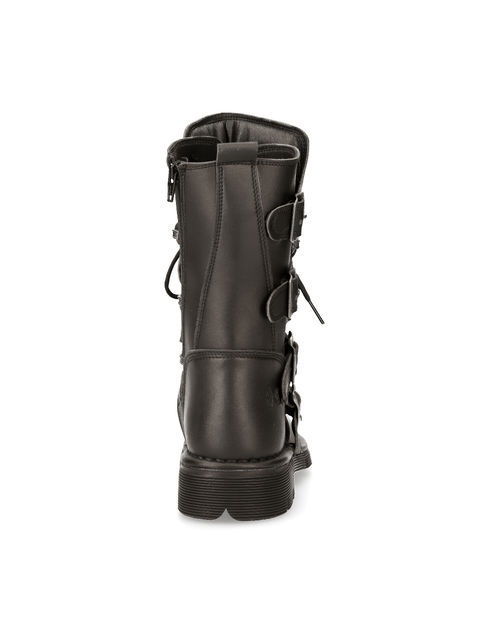 Back view of NEW ROCK Men's Black Eco-Vegan Lace-Up Biker Boots with sturdy rubber sole.