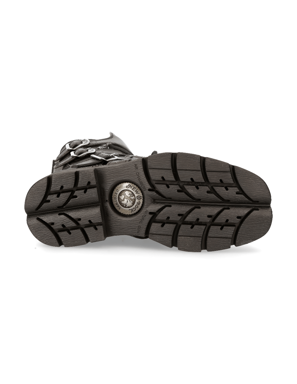 Bottom view of NEW ROCK Men's Black Eco-Vegan Boots, showcasing sturdy rubber sole and unique tread design for grip.