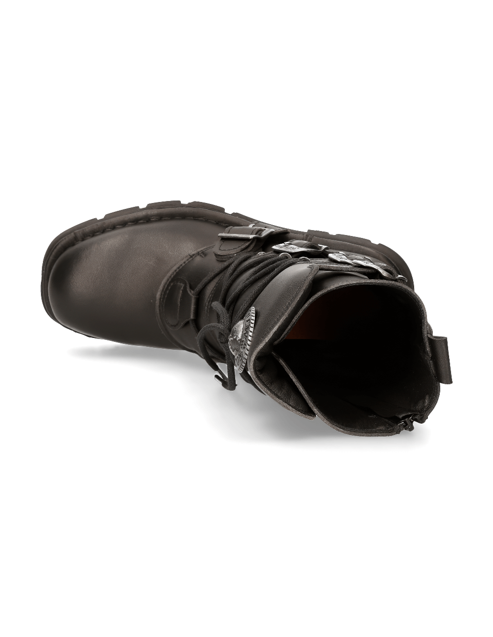 Top view of NEW ROCK Men's Black Eco-Vegan Rock Style Lace-Up Boots with rubber sole.