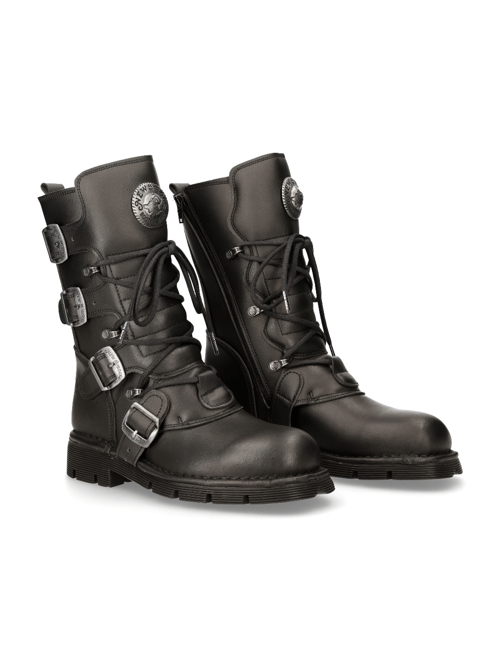 Men's black eco-vegan biker boots with lace-up design and metallic accents, featuring a durable rubber sole.
