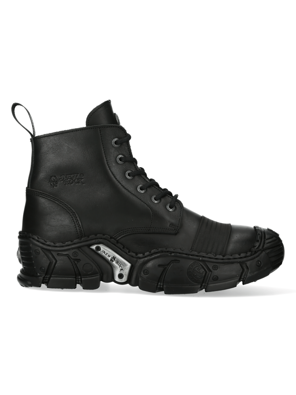 NEW ROCK Men's Black Lace-Up Ankle Boots featuring durable leather and a unique bold sole design.