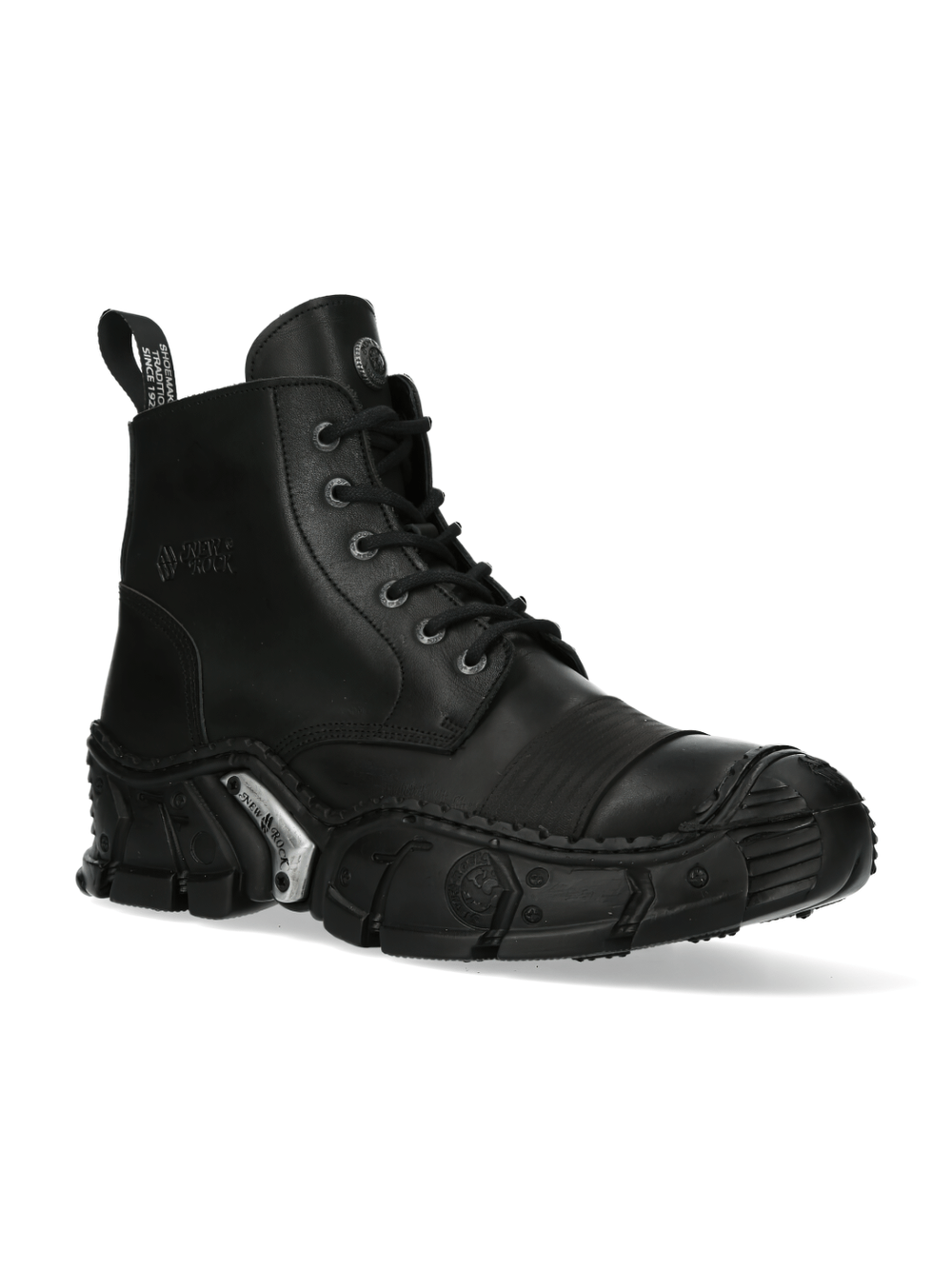 NEW ROCK Men's Black Lace-Up Ankle Boots with unique metal detail and edgy design, perfect for trendy outfits.