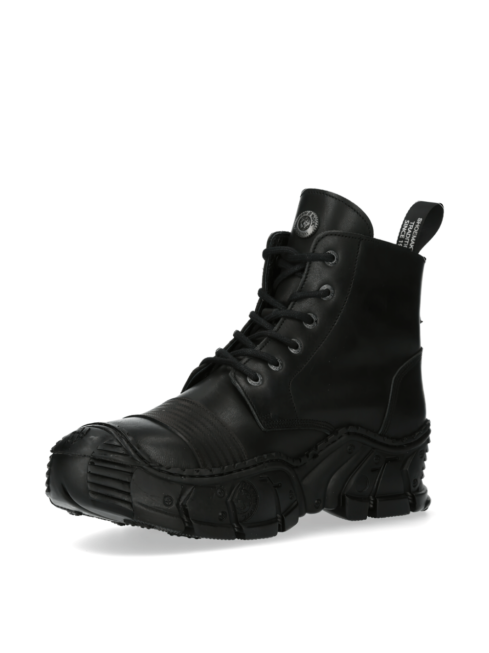 Stylish black lace-up ankle boots with unique design and bold sole, perfect for making a statement.