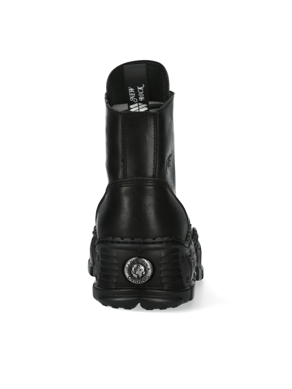 Back view of NEW ROCK Men's Black Lace-Up Ankle Boots showcasing the unique metal detail and durable leather design.