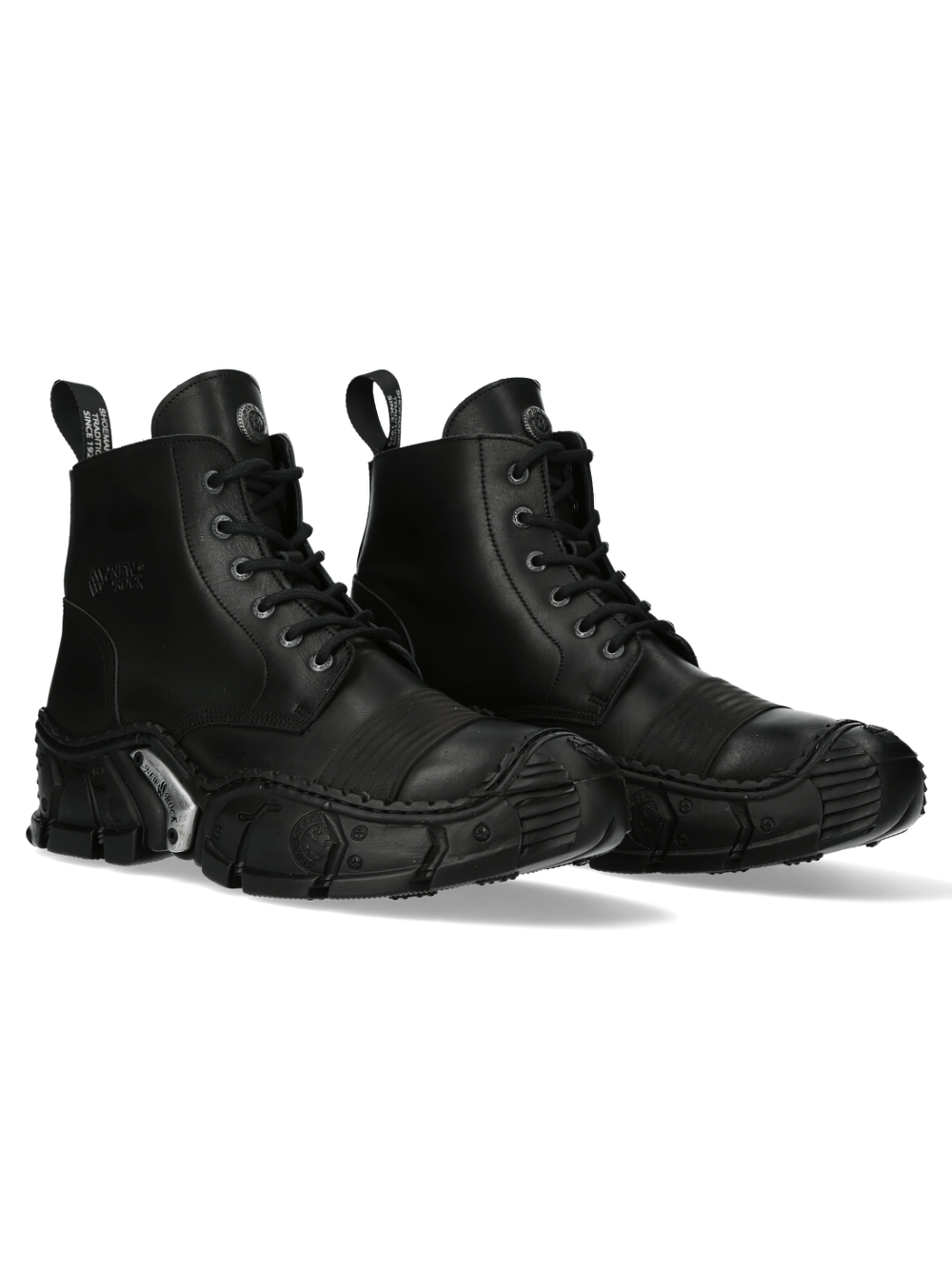 NEW ROCK Men's Black Lace-Up Ankle Boots with edgy design and unique metal details for stylish footwear.