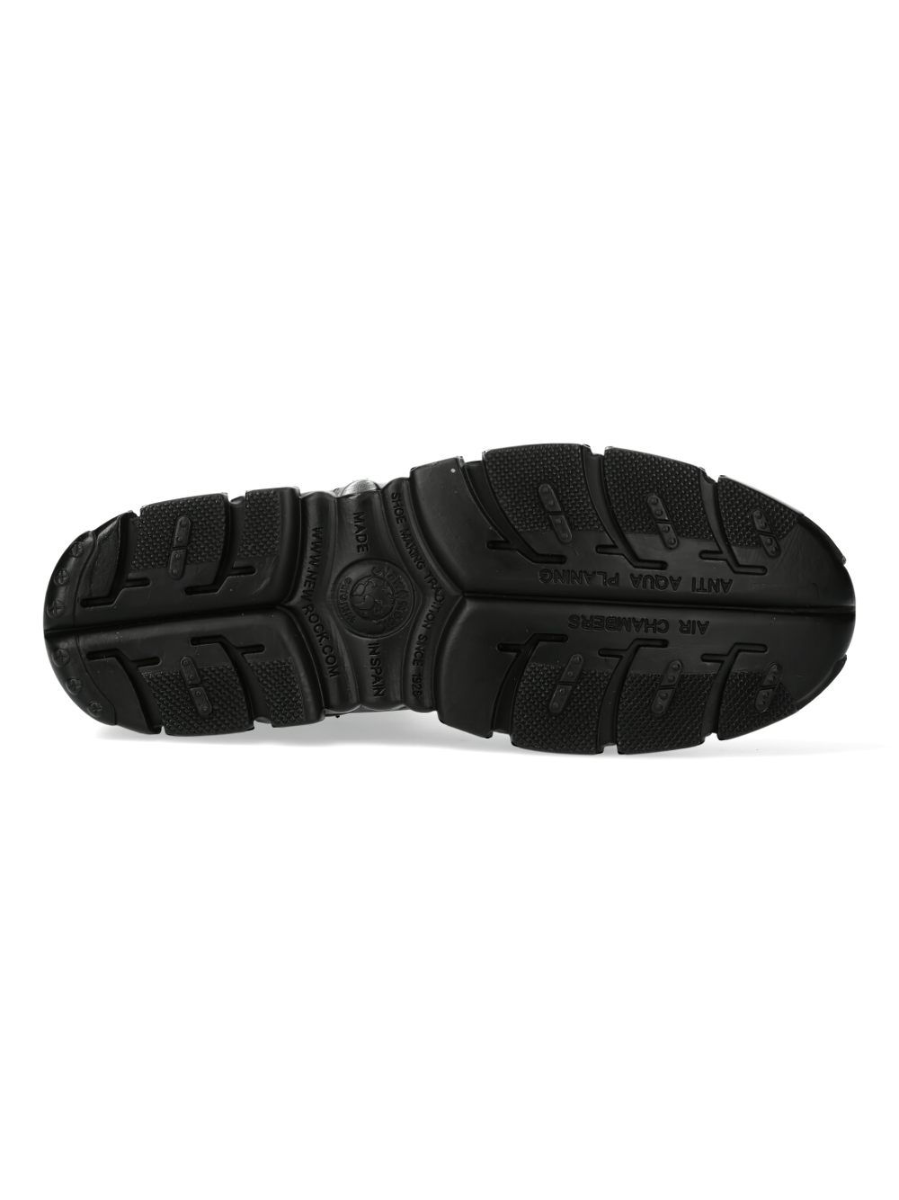 Bottom view of black sneaker sole featuring durable treads for optimal grip and traction.