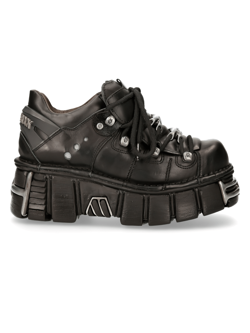 NEW ROCK Black Lace-Up Platform Ankle Boots with metallic details and sturdy PU-ultra sole for bold fashion style.