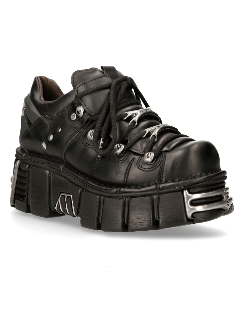 NEW ROCK Men's Black Lace-Up Platform Ankle Boots with metallic embellishments and sturdy PU-ultra sole.