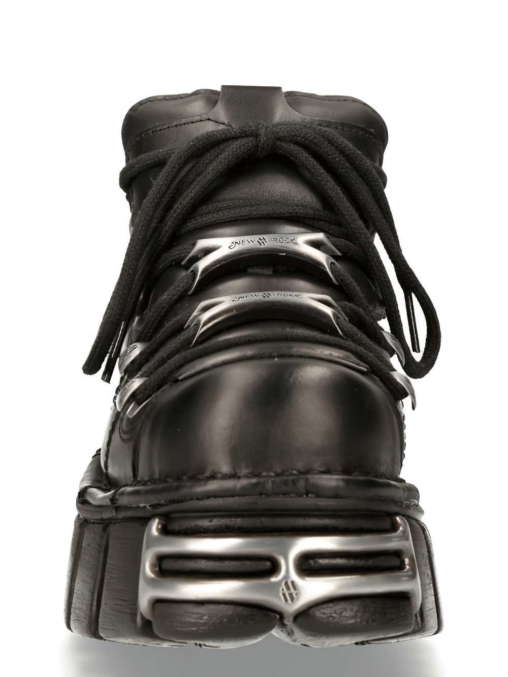 Front view of NEW ROCK Men's Black Lace-Up Platform Ankle Boots with metallic detailing and sturdy sole.