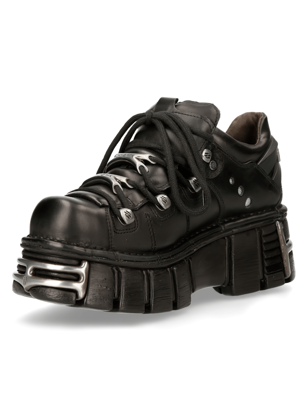 NEW ROCK Men's black lace-up platform ankle boots with metallic embellishments and sturdy PU-ultra sole.