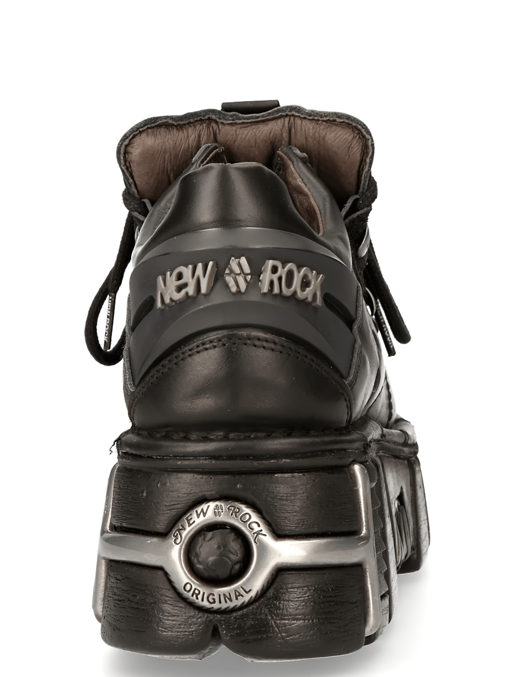 Back view of NEW ROCK Men's black lace-up platform ankle boots with metallic embellishments.