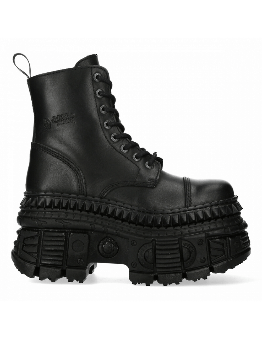 Gothic-inspired black leather platform ankle boots with dramatic lift and durable design for men and women.