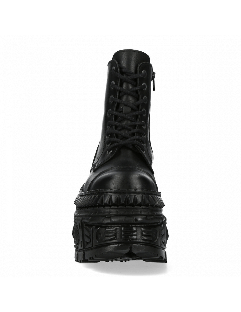 Front view of NEW ROCK unisex black leather platform ankle boots with lace-up and zipper closure.
