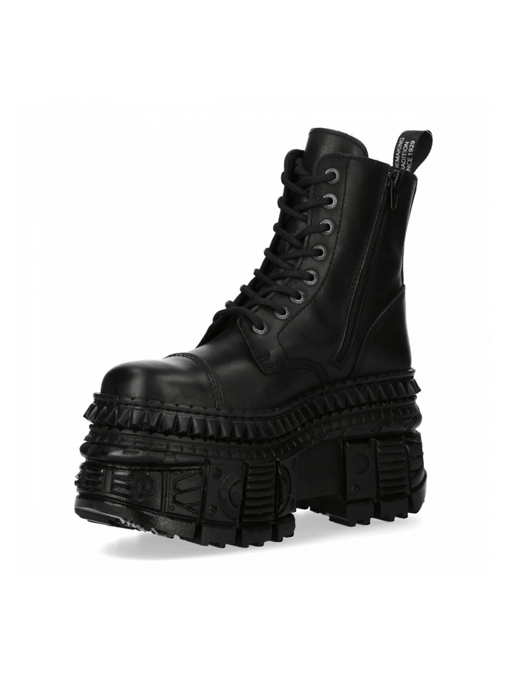 Gothic unisex black leather platform ankle boots with lace-up and zipper closure, highlighting edgy punk style.