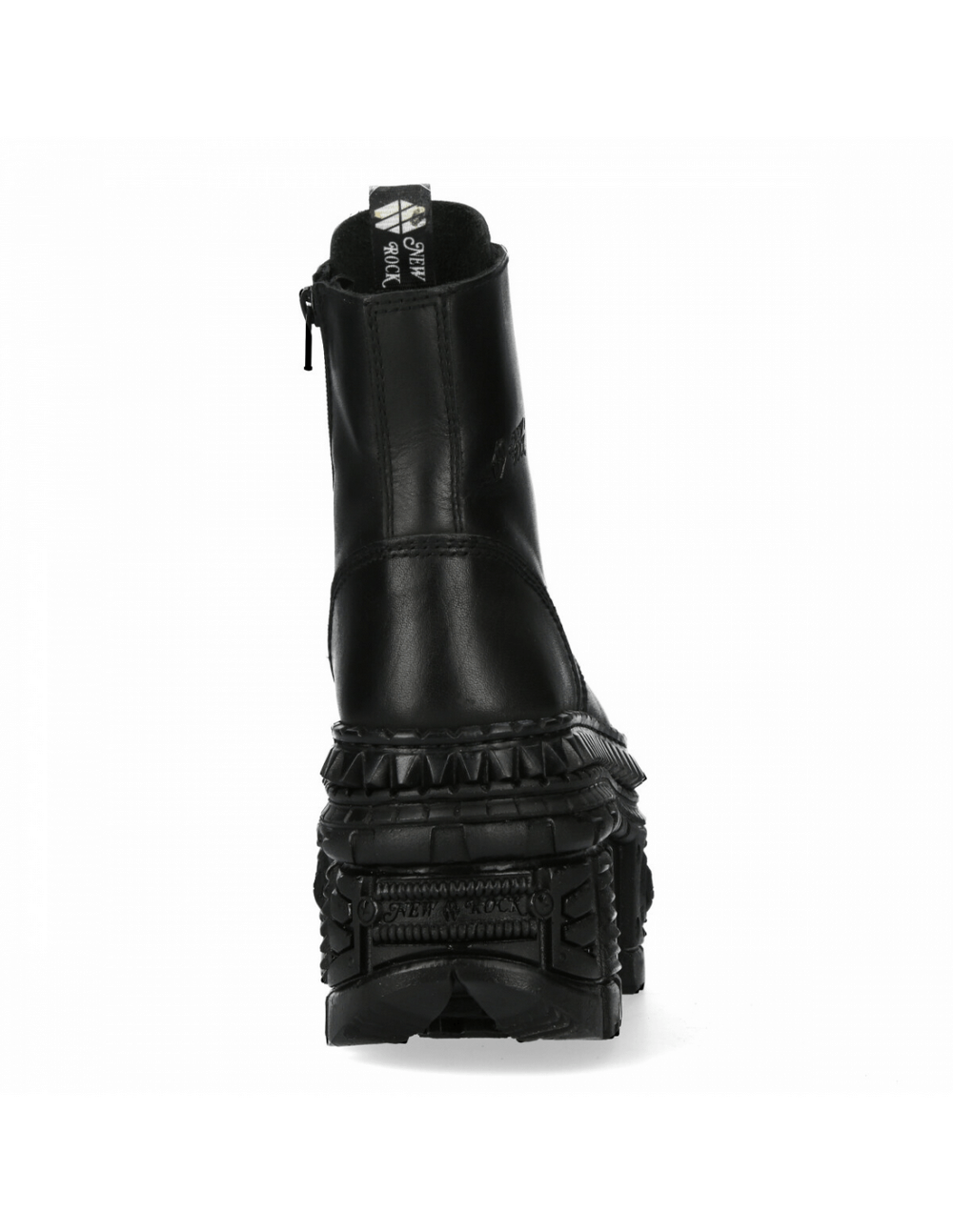 Back view of NEW ROCK unisex black leather platform ankle boots with a dramatic lift and zipper closure.