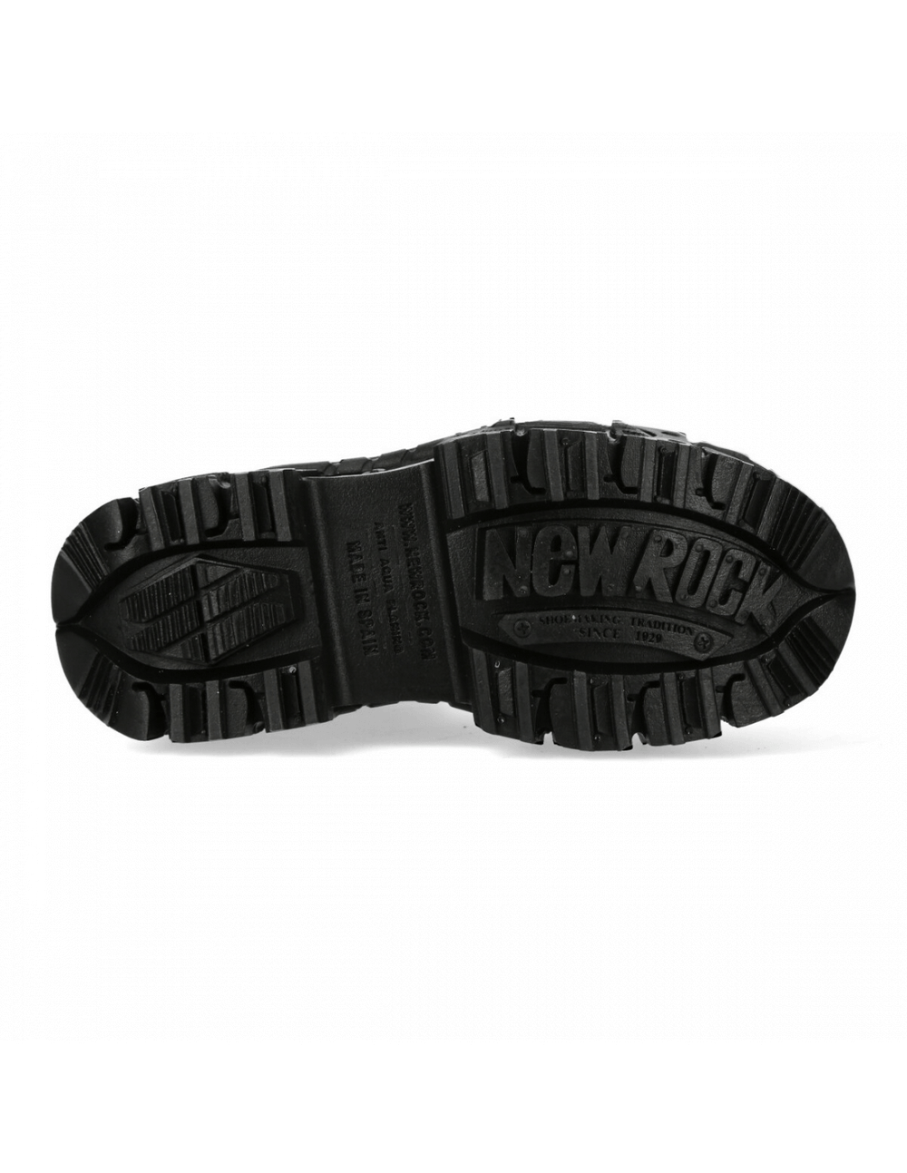 Bottom view of NEW ROCK unisex black leather ankle boots showcasing rugged tread design and branding.