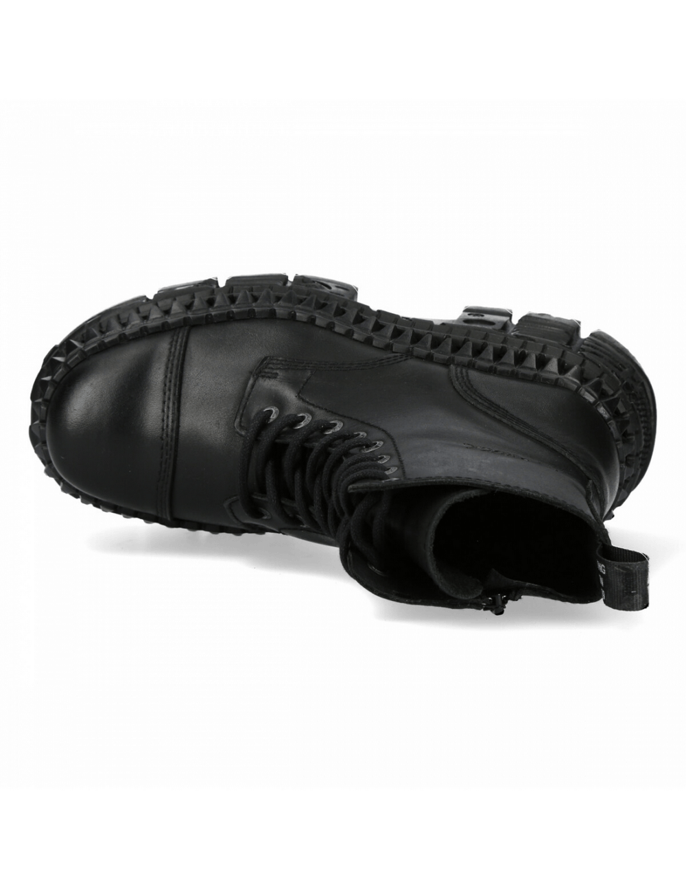 Gothic black leather platform ankle boots with lace-up and zipper closure for men and women.